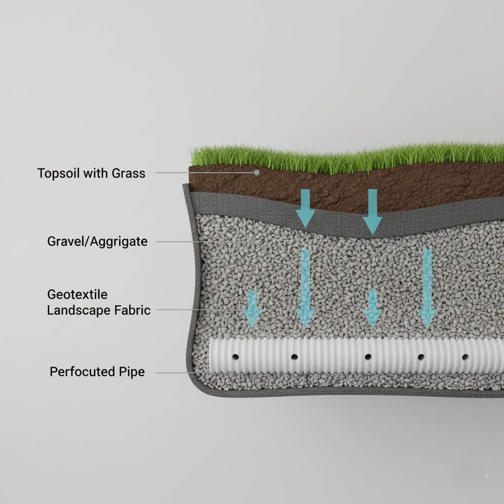 Detailed 3D cross-section view of French drain installation in Memphis clay soil
