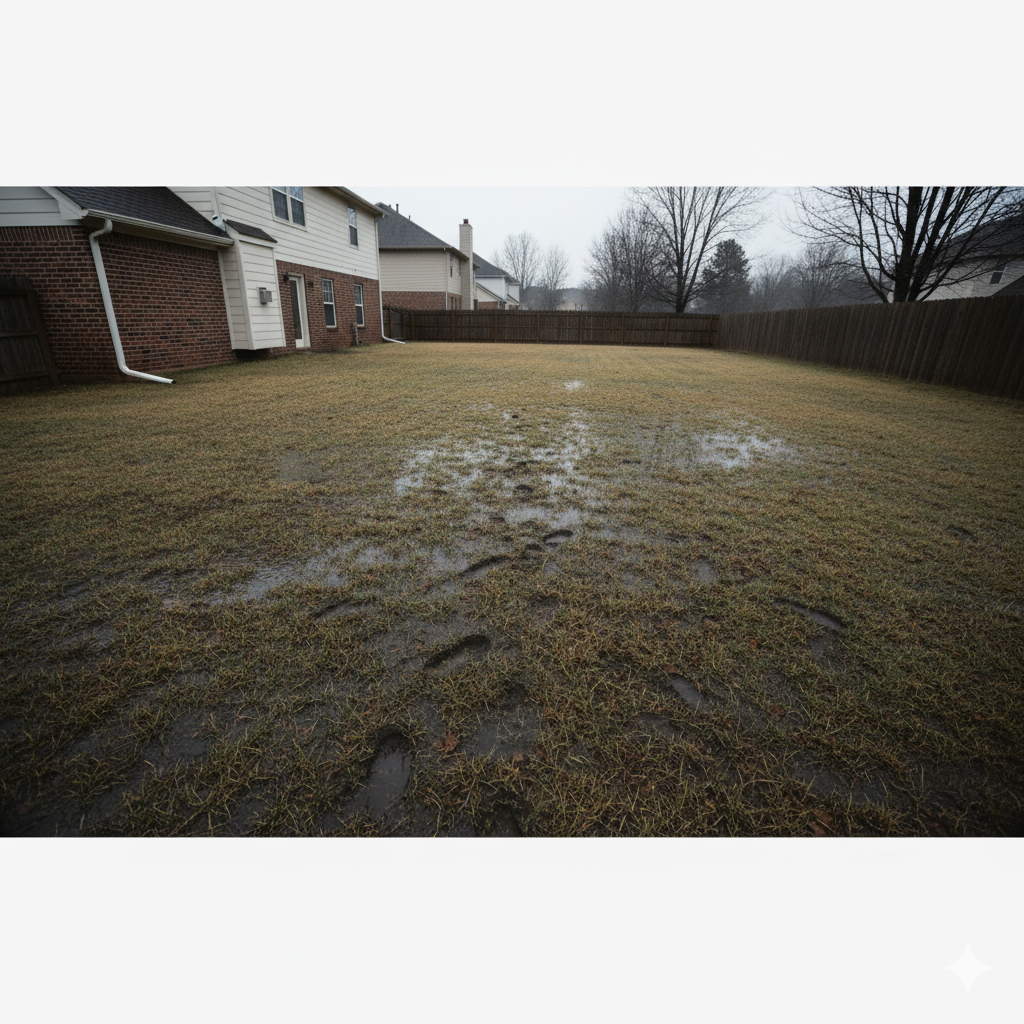 Large residential Memphis backyard completely saturated with water after heavy rain showing common drainage problems