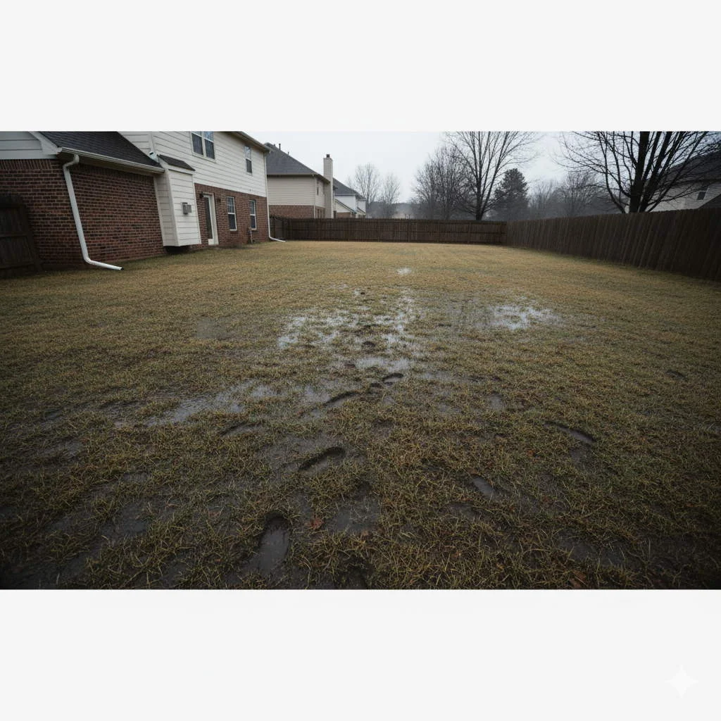 Large residential Memphis backyard completely saturated with water after heavy rain showing common drainage problems