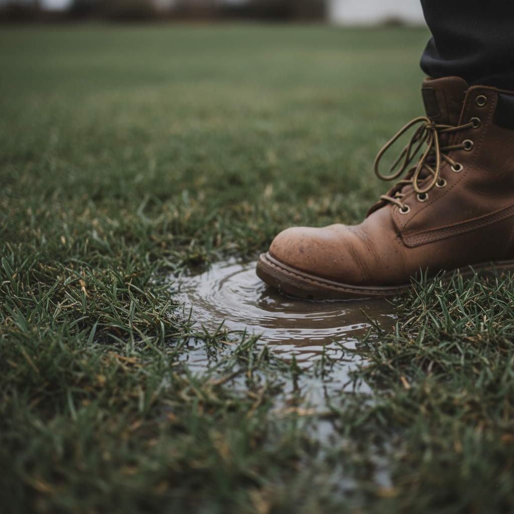 Person's boot sinking into waterlogged lawn showing effects of poor clay soil drainage