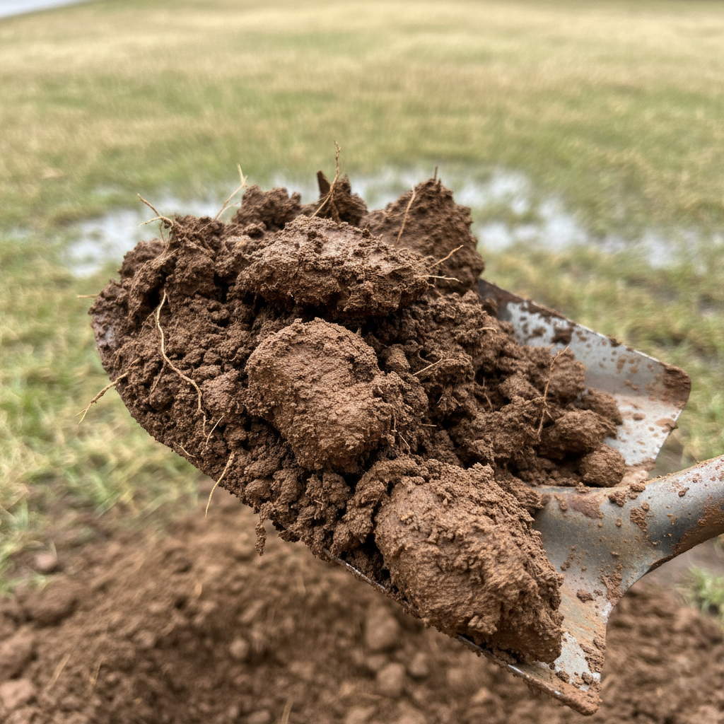 Dense clumpy Memphis clay soil showing the challenging conditions that require proper drainage solutions