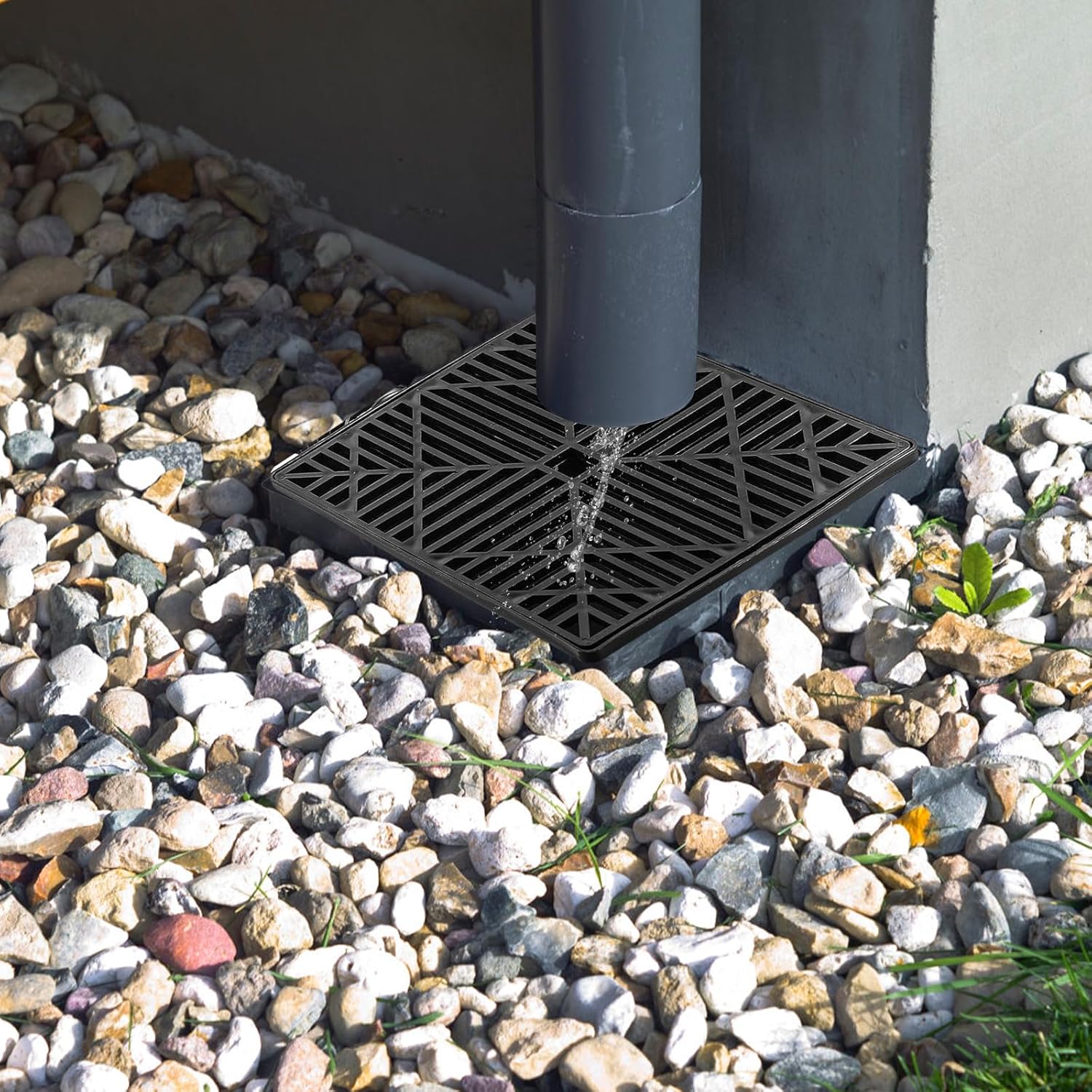 Catch basin installed at a downspout outlet collecting surface water in a Memphis yard