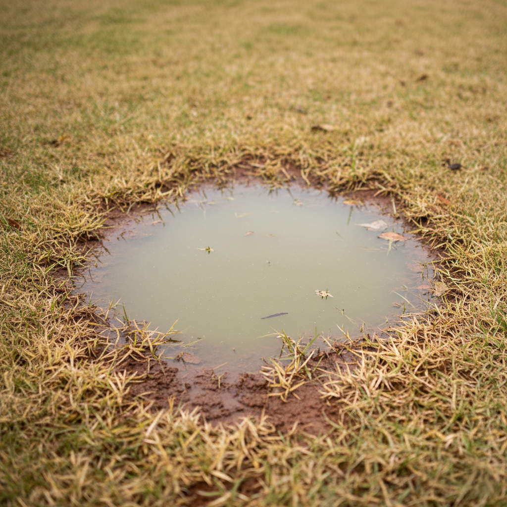 Close-up view of persistent stagnant water puddle in Memphis residential lawn showing drainage problem