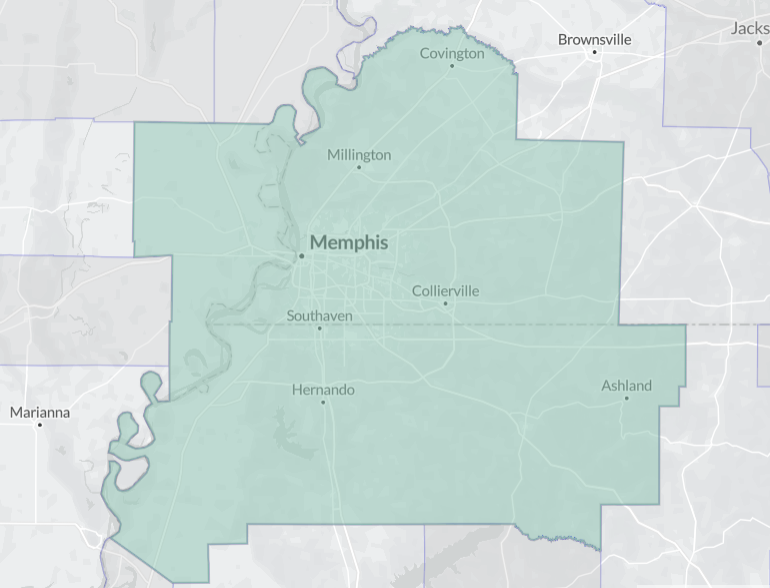 Detailed map of Memphis Tennessee and surrounding service areas for yard drainage solutions