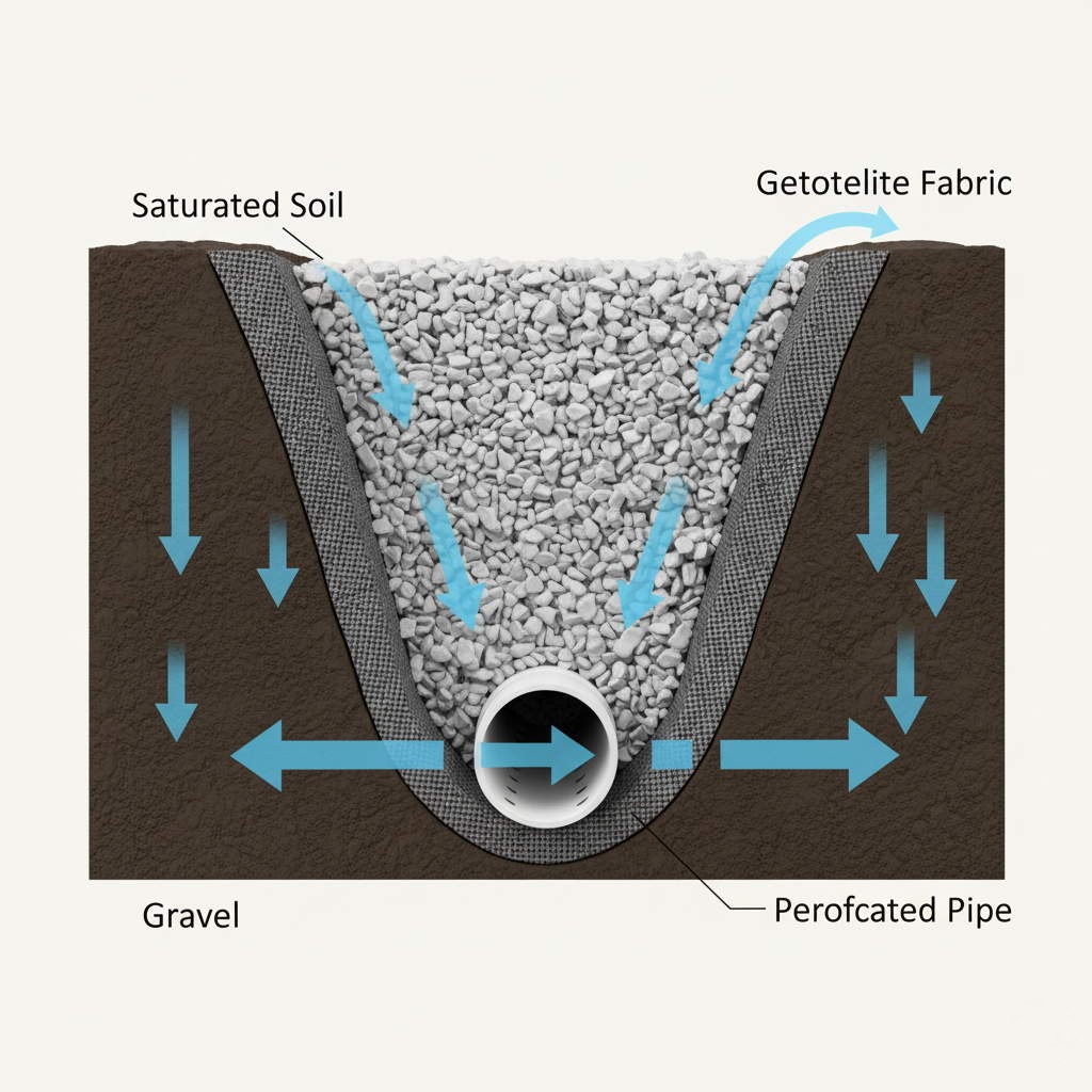 Professional 3D cross-section diagram of a French drain system showing layers and components - Memphis drainage contractor services by Shelby Yard