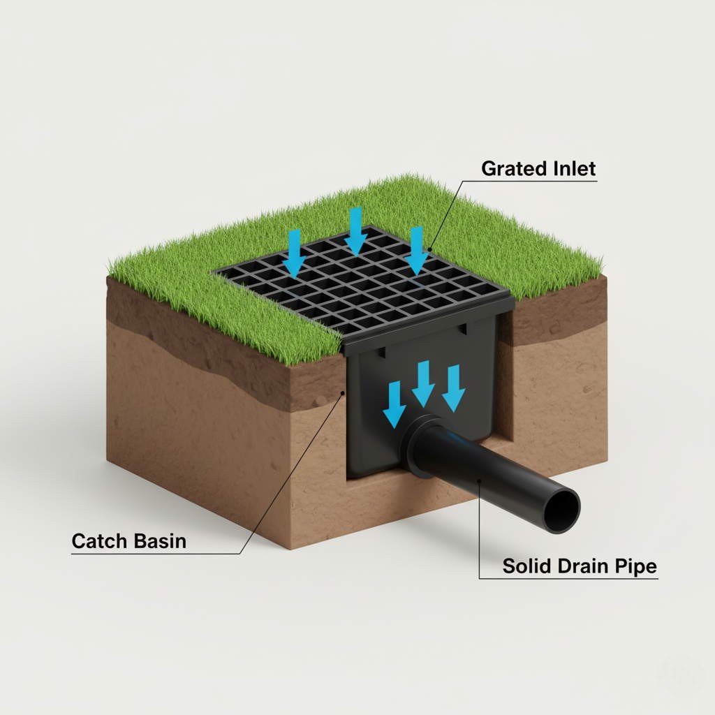 Professional 3D cross-section diagram of catch basin system showing grate, basin, and underground pipe connections - Memphis drainage contractor services by Shelby Yard