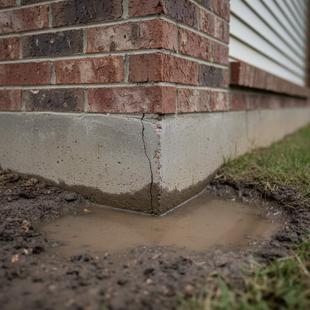 Home foundation corner with muddy water pooled against the base showing serious drainage problem