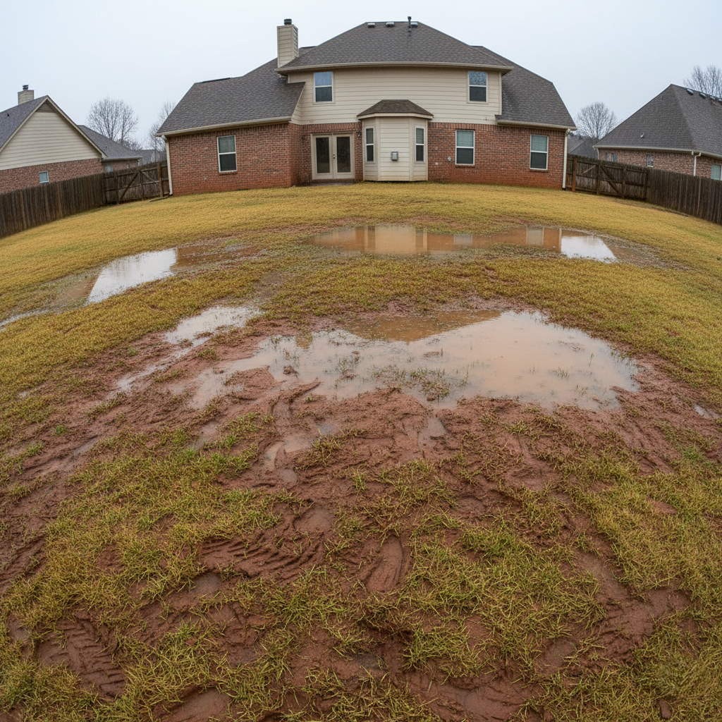 Suburban Memphis backyard with standing water in multiple spots after heavy rain - clear sign drainage contractor needed